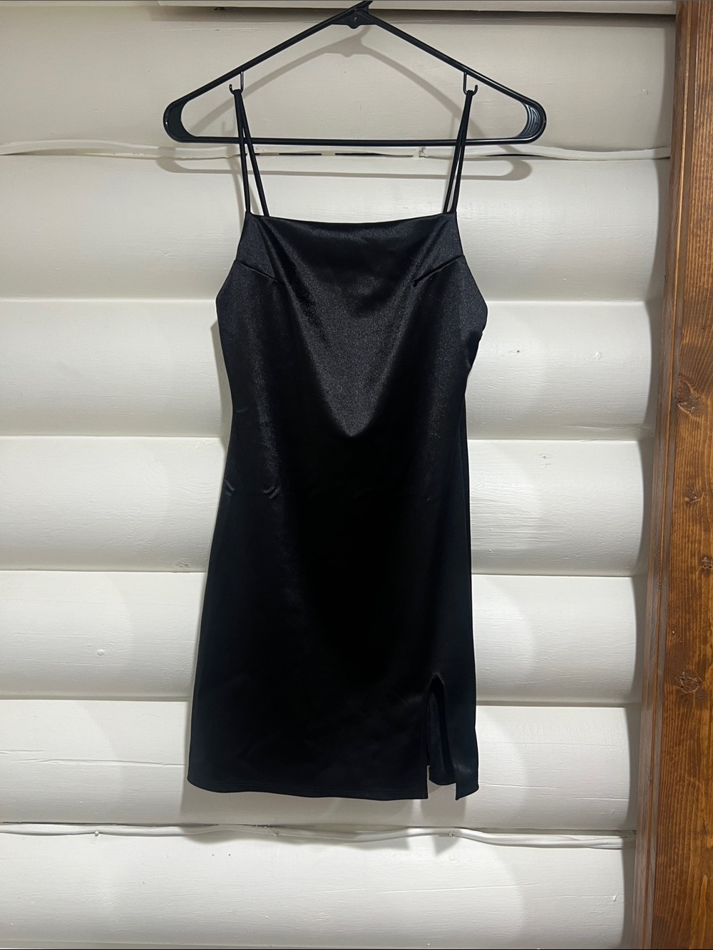 Sleek Black Satin Mini Slip Dress with Side Notch